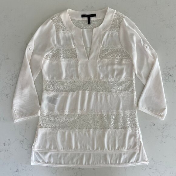 BCBGMaxAzria Erid Gardenia VNeck Lace Cover Up Adjustable Sleeve Cream Sz XS - Picture 2 of 16